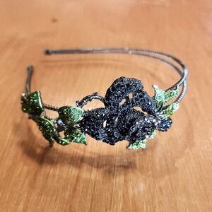 Crystal Black and Green Floral Headband